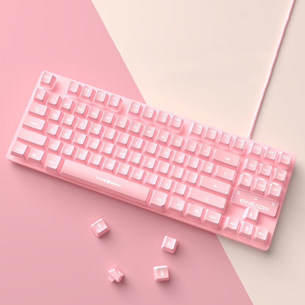 Lindo conjunto de teclado e mouse rosa com fio
