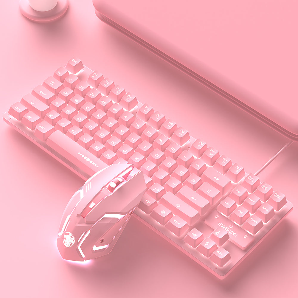 Lindo conjunto de teclado e mouse rosa com fio