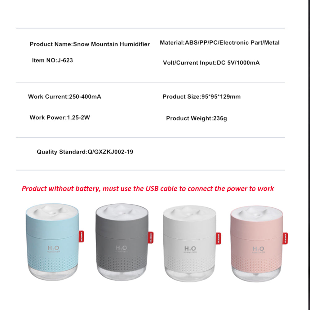 Umidificador Ultrassônico Portátil 500ML Snow Mountain H2O USB Difusor de Ar Aroma Com Lâmpada Noturna Romântica Umidificador Difusor