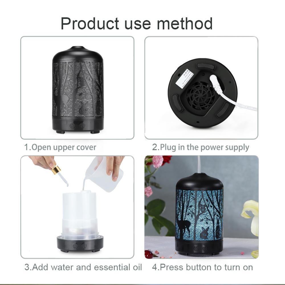 Umidificador de Ar Ultrassônico 100ml Forest Deer Aroma Difusor de Óleo Essencial Hallow Metal 7 Cores LED Aromaterapia Umidificador