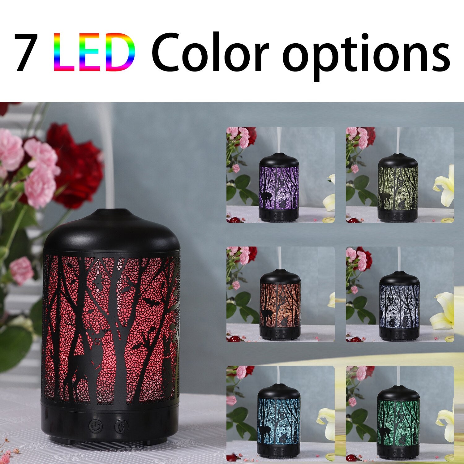 Umidificador de Ar Ultrassônico 100ml Forest Deer Aroma Difusor de Óleo Essencial Hallow Metal 7 Cores LED Aromaterapia Umidificador