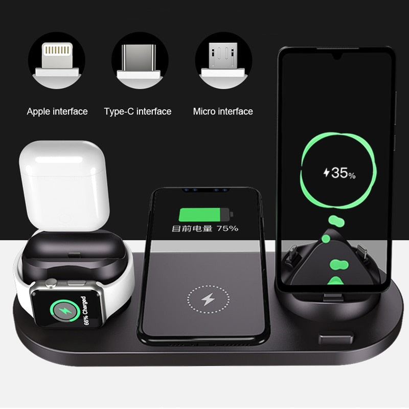 Carregador sem fio 6 em 1 10w Qi Fast Stand