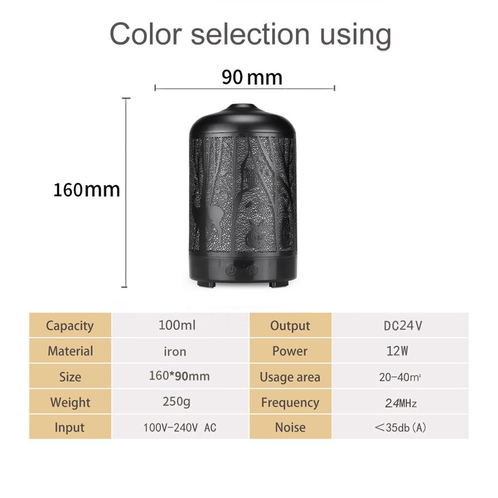 Umidificador de Ar Ultrassônico 100ml Forest Deer Aroma Difusor de Óleo Essencial Hallow Metal 7 Cores LED Aromaterapia Umidificador