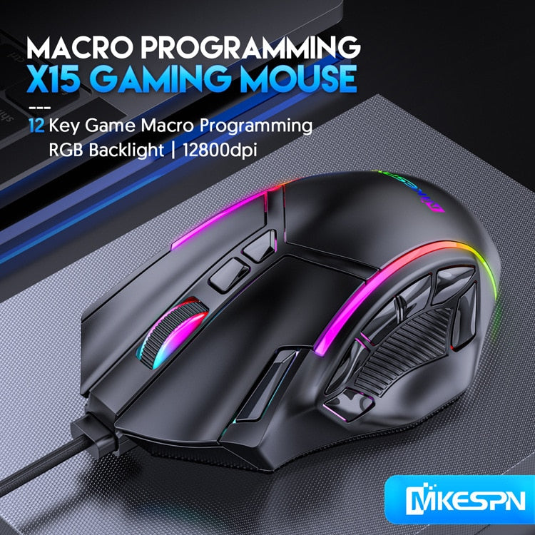 X15 Peso Livre Macro Gaming Mouse 12 Teclas Programáveis Game Mouse RGB Light Max a 6 níveis 12800DPI Para pc mac gun PUBG Laptop