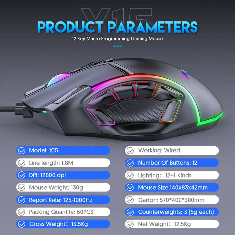 X15 Peso Livre Macro Gaming Mouse 12 Teclas Programáveis Game Mouse RGB Light Max a 6 níveis 12800DPI Para pc mac gun PUBG Laptop