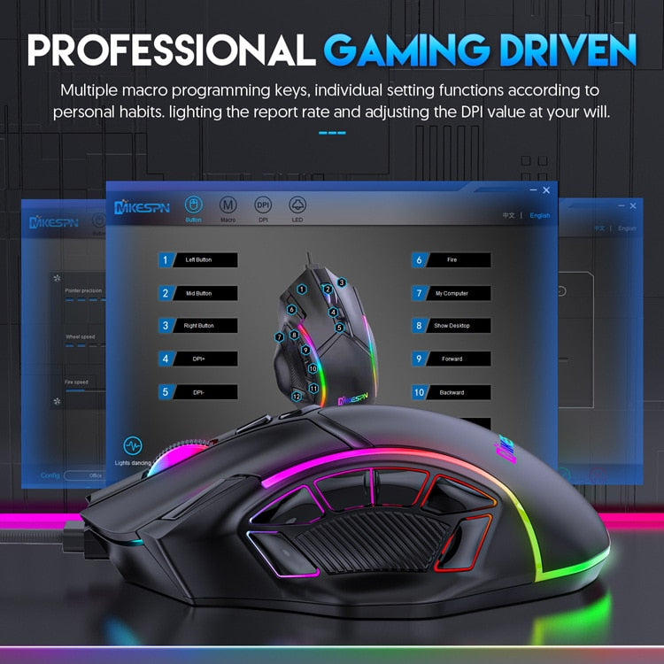 X15 Peso Livre Macro Gaming Mouse 12 Teclas Programáveis Game Mouse RGB Light Max a 6 níveis 12800DPI Para pc mac gun PUBG Laptop