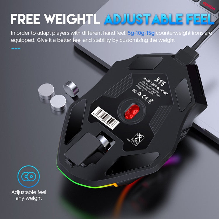 X15 Peso Livre Macro Gaming Mouse 12 Teclas Programáveis Game Mouse RGB Light Max a 6 níveis 12800DPI Para pc mac gun PUBG Laptop
