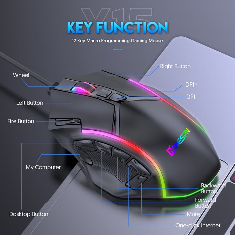 X15 Peso Livre Macro Gaming Mouse 12 Teclas Programáveis Game Mouse RGB Light Max a 6 níveis 12800DPI Para pc mac gun PUBG Laptop