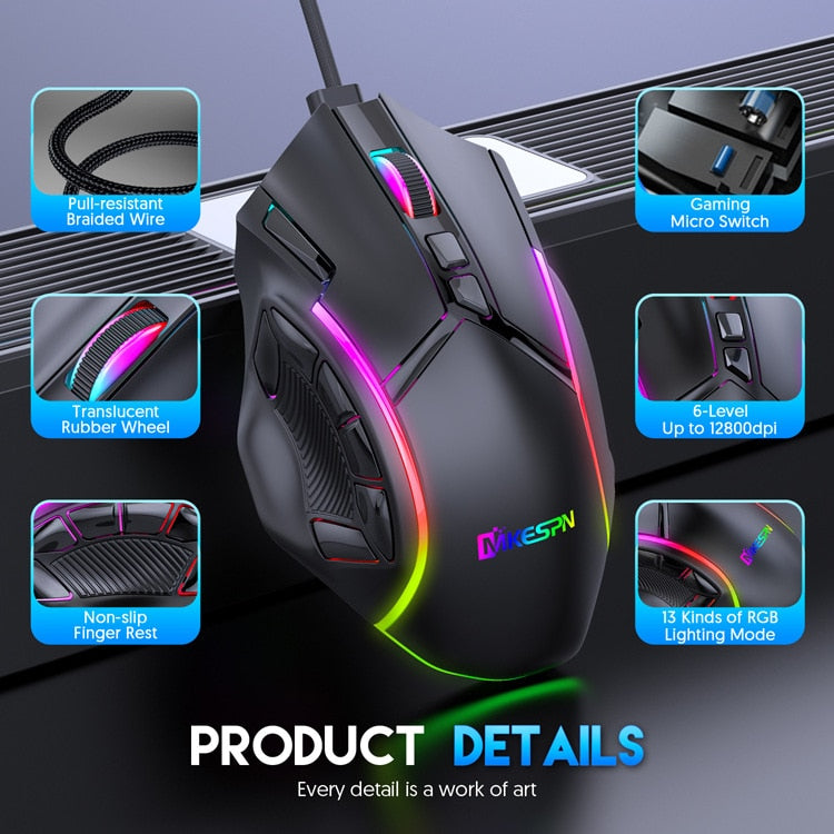 X15 Peso Livre Macro Gaming Mouse 12 Teclas Programáveis Game Mouse RGB Light Max a 6 níveis 12800DPI Para pc mac gun PUBG Laptop