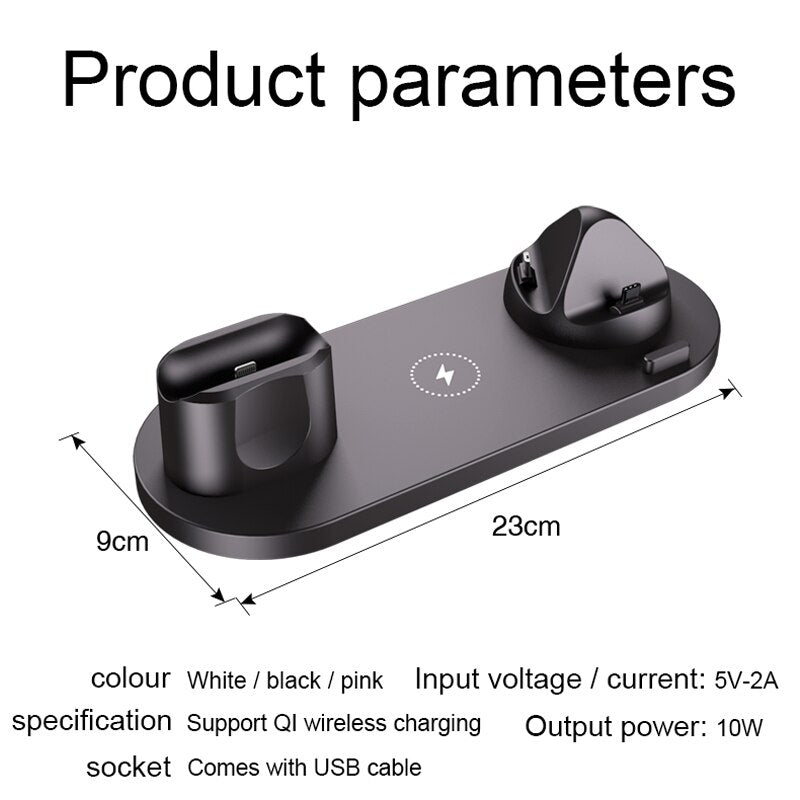 Carregador sem fio 6 em 1 10w Qi Fast Stand